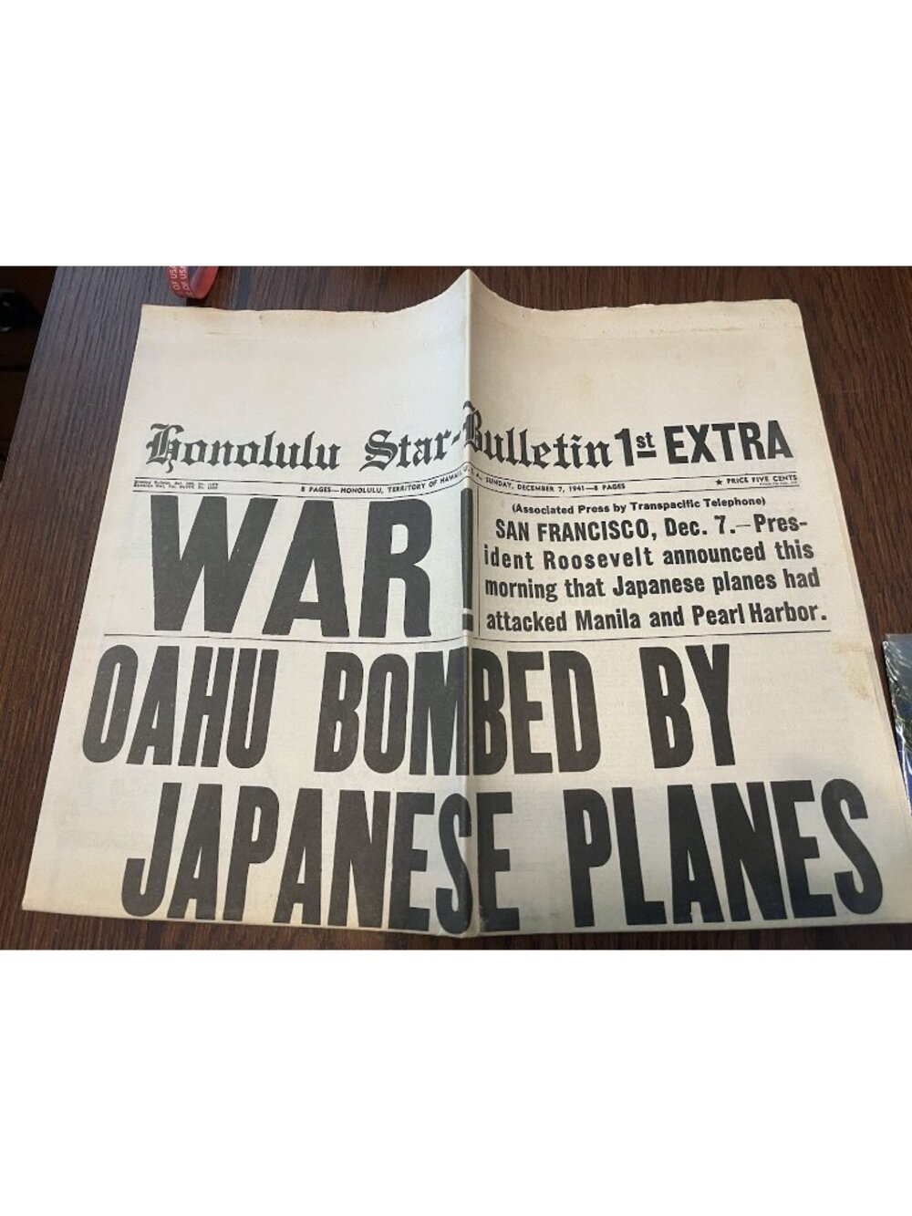 Honolulu Star Bulletin Dec 7 1941 WW2 Newspaper Pearl Harbor Attack Hawaii Real